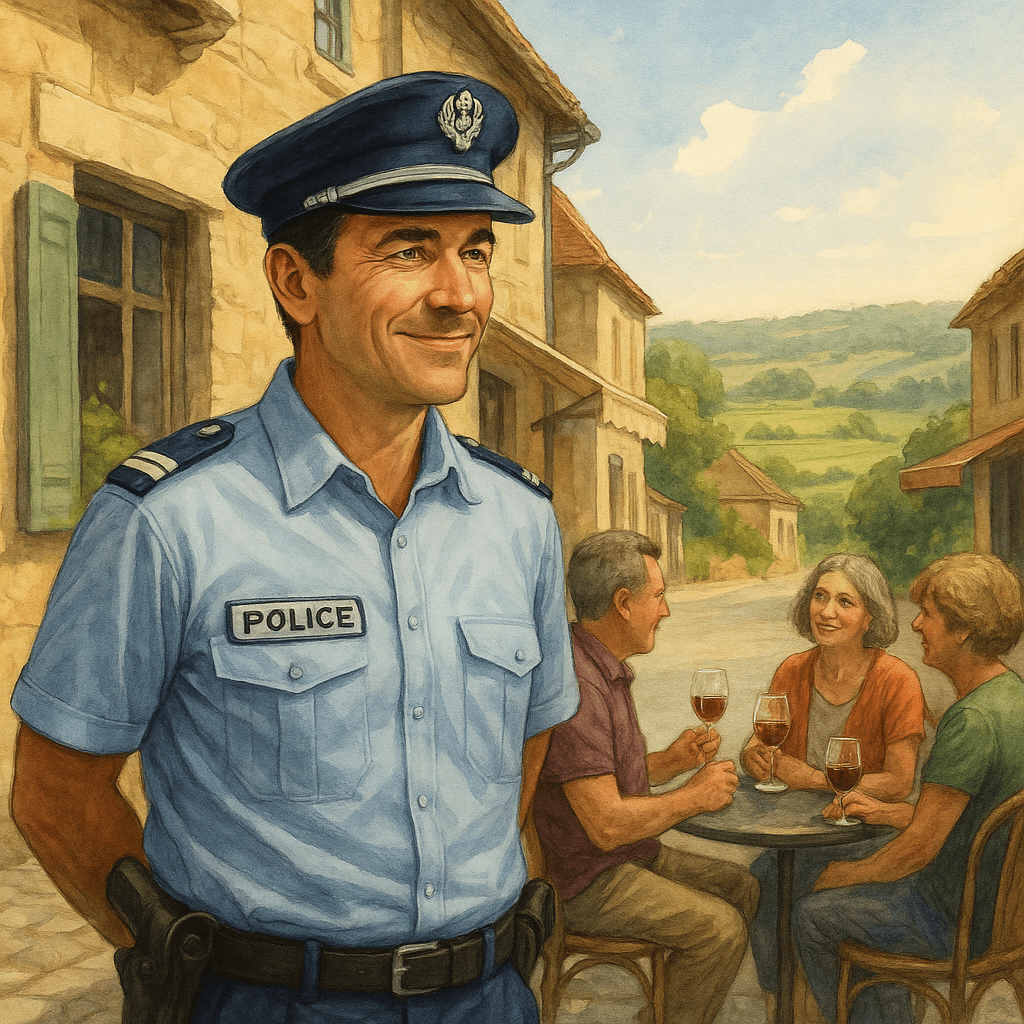 Police Chief Bruno stands in a village scene.