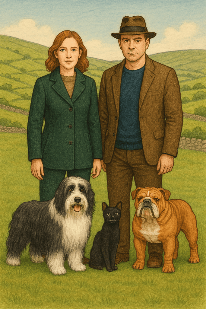 Dimpna Wilde and D.I. Cormac O'Brien standing in the countryside with Pickles, Spice, and Guinness